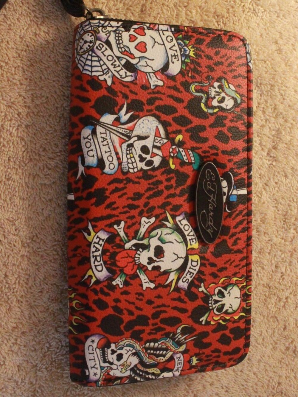 Ed Hardy Red Skull Print Zip Wallet
